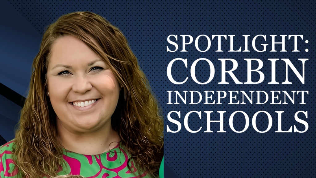 Headshot of Sarah Watkins, Chief Academic Officer of Corbin Schools, smiling next to the white text "SPOTLIGHT: CORBIN INDEPENDENT SCHOOLS" on a dark blue, dotted background.