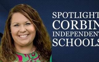 Headshot of Sarah Watkins, Chief Academic Officer of Corbin Schools, smiling next to the white text "SPOTLIGHT: CORBIN INDEPENDENT SCHOOLS" on a dark blue, dotted background.