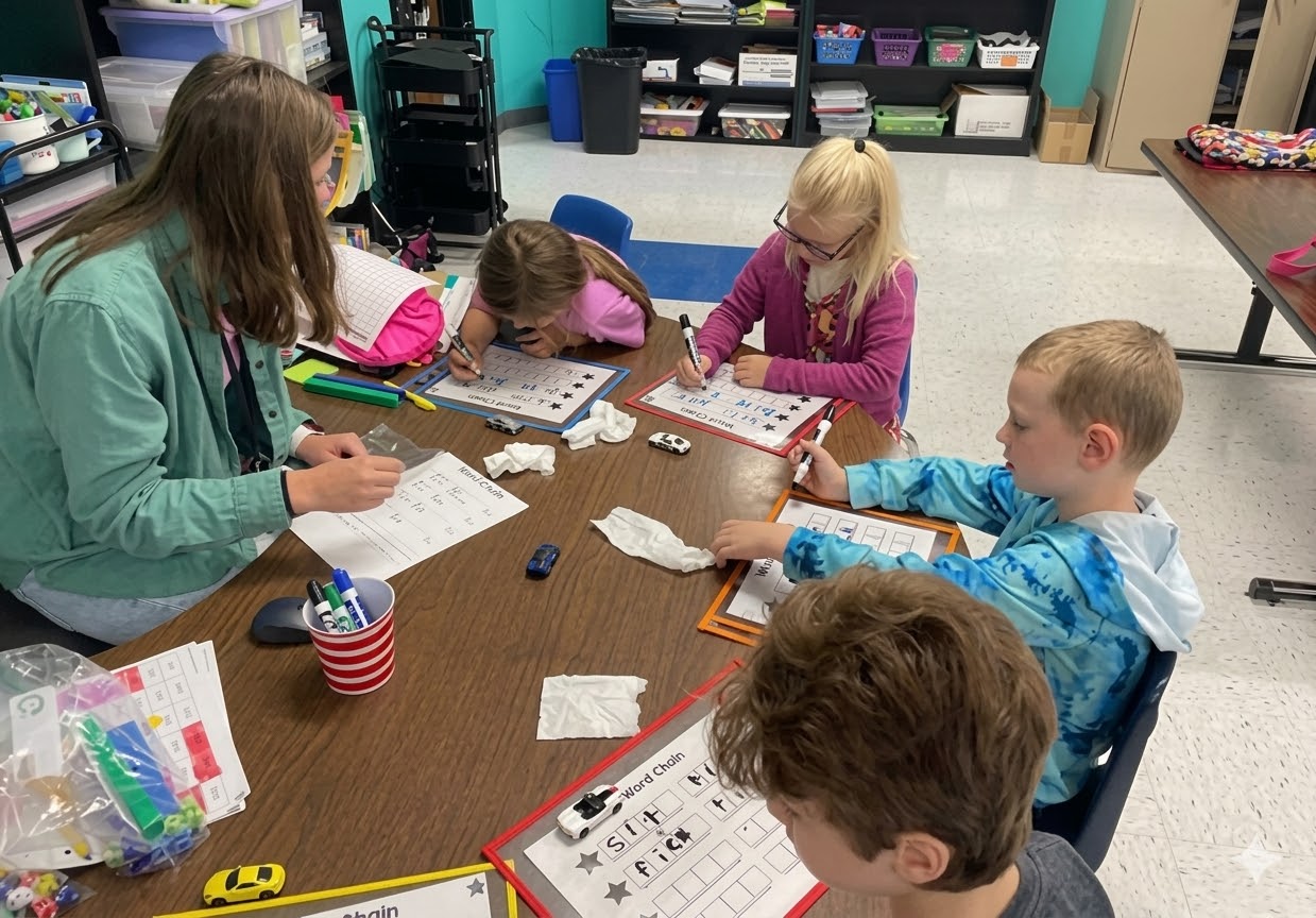 five individuals engaged in an educational small-group literacy activity around a large wooden table in a color-corrected and upscaled elementary classroom with natural light. A female teacher with long brown hair, wearing a rich teal-green jacket over a magenta-pink shirt, is seated centrally and looking toward the left student.