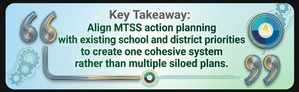 Graphic with gears and quotation marks emphasizing: “Review self‑assessment data annually to guide professional learning and sustain MTSS implementation.”