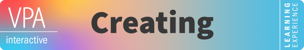 Banner with gradient background from warm yellow to cool blue, featuring bold black text ‘Creating’ and white text ‘VPA interactive’ on the left and ‘Learning Experience’ vertically on the right.