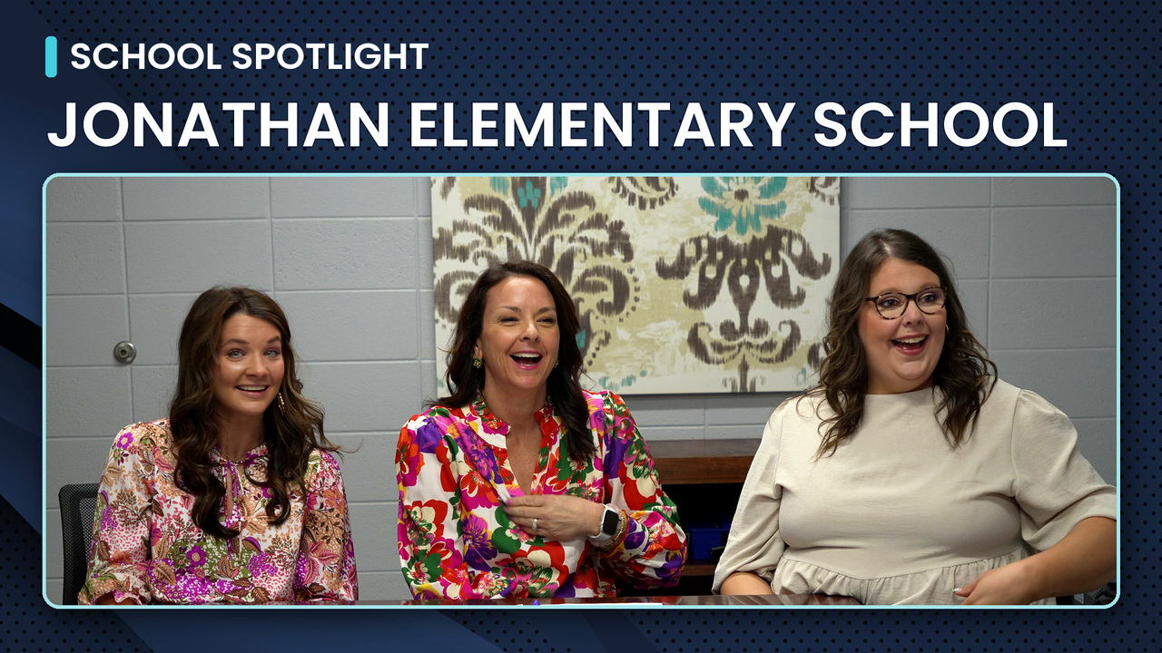 School Spotlight: Jonathan Elementary School. Teachers Mackenzie Wilson and Kayla Thomas sit with Principal Lyndsie Dempsey, smiling during an interview.